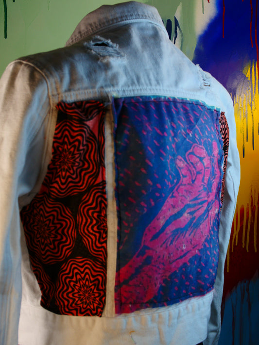 PINK Hand White Denim Jacket with African Fabric & Art Print